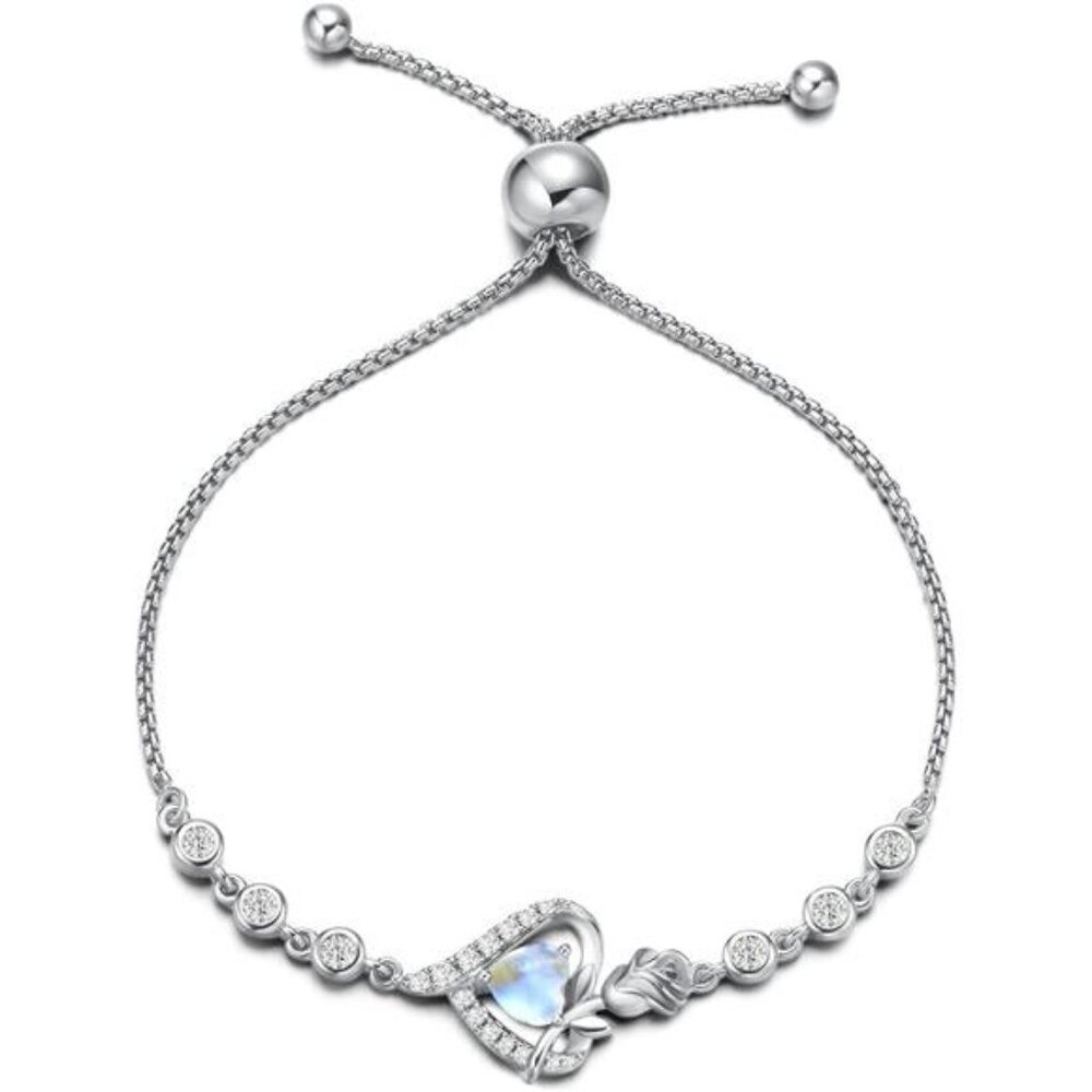 Moonstone Birthstone Bracelet Women Sterling Silver Rose Heart Jewelry Gift Mom